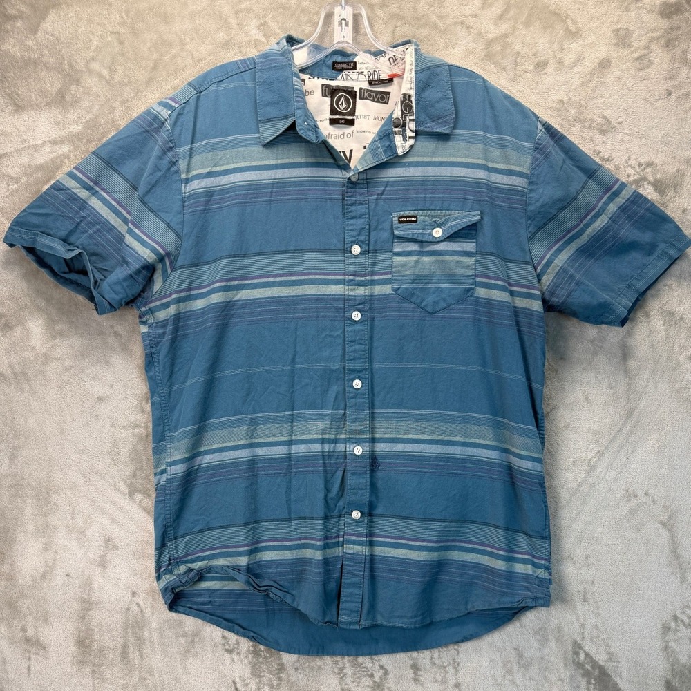 Volcom Mens Short Sleeve Button Down Shirt‎ Blue Striped Classic Fit Large